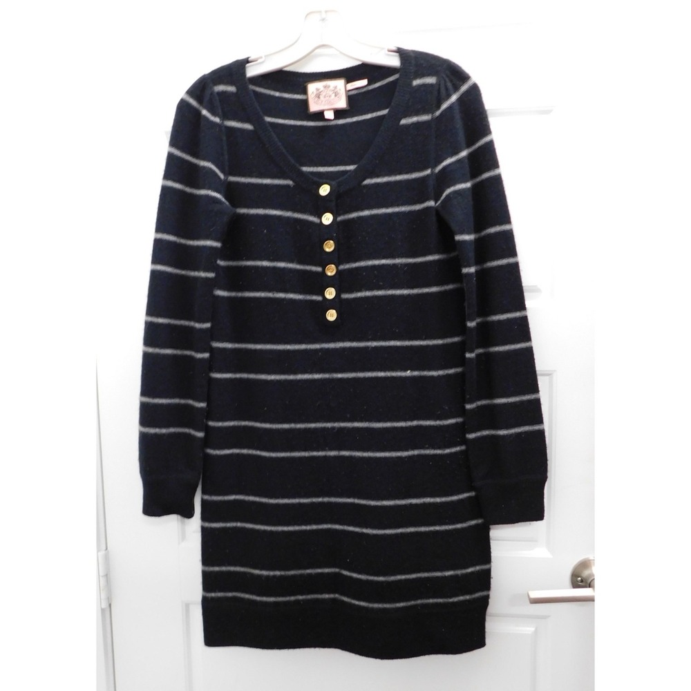 Juicy Couture Cashmere Wool Black Gray Stripe Long Sleeve Sweater Dress sz S